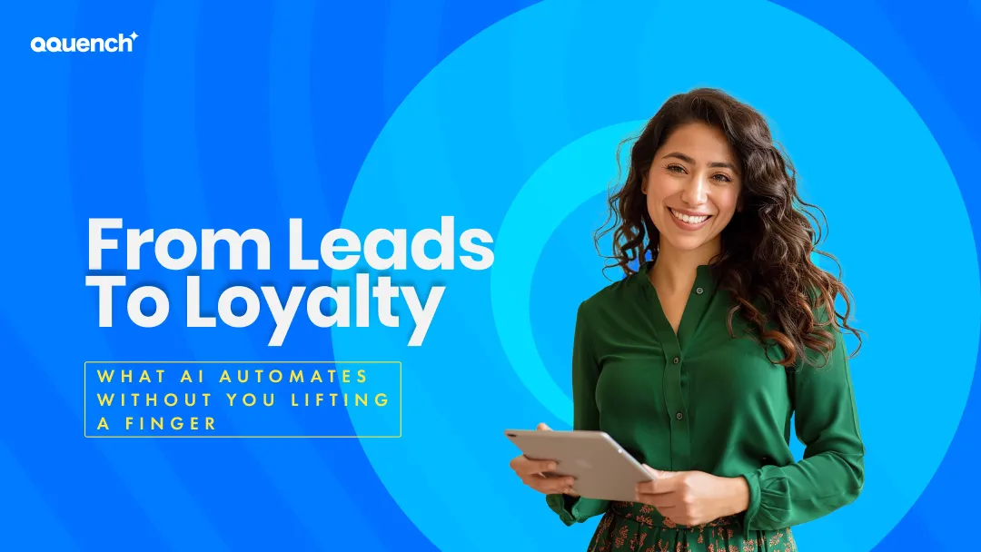 AI expert woman holding a tablet against a blue tech-inspired background with the text “From Leads to Loyalty.” AI automate banner highlighting smart customer journey automation, lead nurturing, and loyalty generation through AI-powered marketing flows.